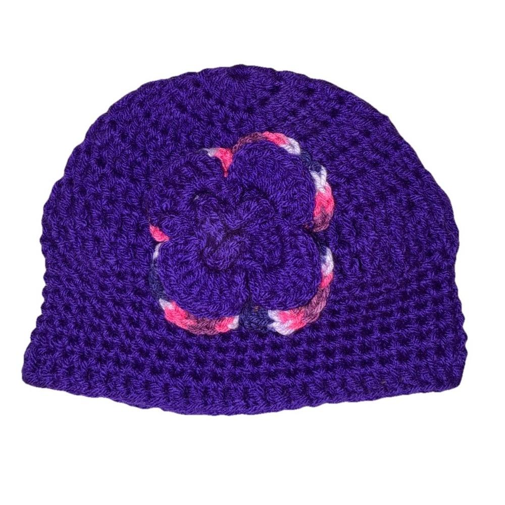 Beanie Hat Women's Purple Pink Crochet Handmade Flower One Size NEW